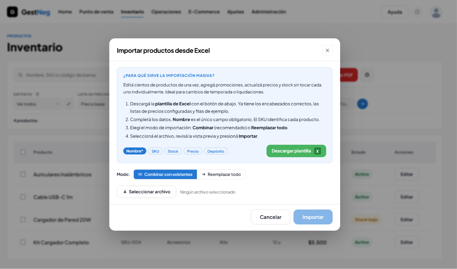 Captura de importaci&oacute;n de datos en GestNeg