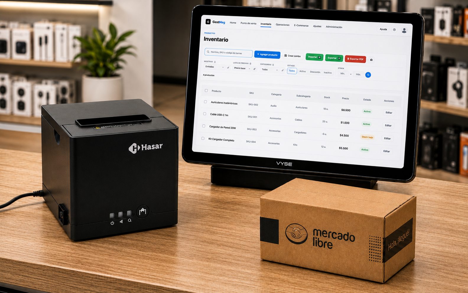 Punto de venta de GestNeg en una tablet de mostrador junto a impresora fiscal y paquete